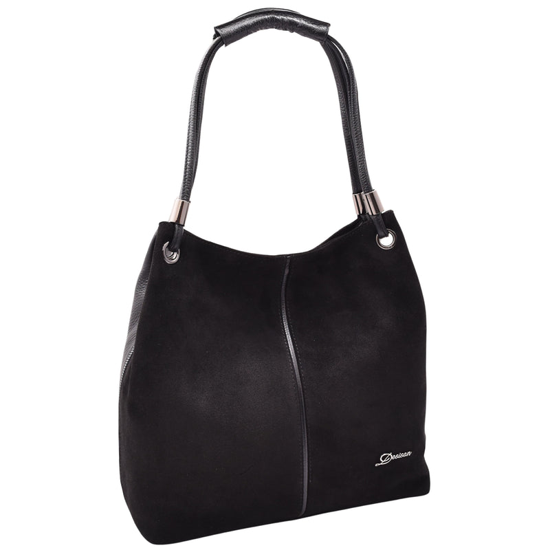 Womens Leather Suede Shoulder Bag Zip Large Black Hobo Audrey 6