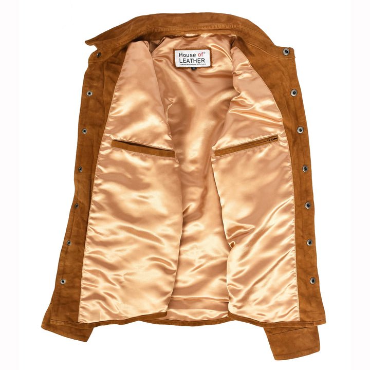 Mens Real Goat Suede Shirt Western Trucker Jacket Oliver Cognac 6