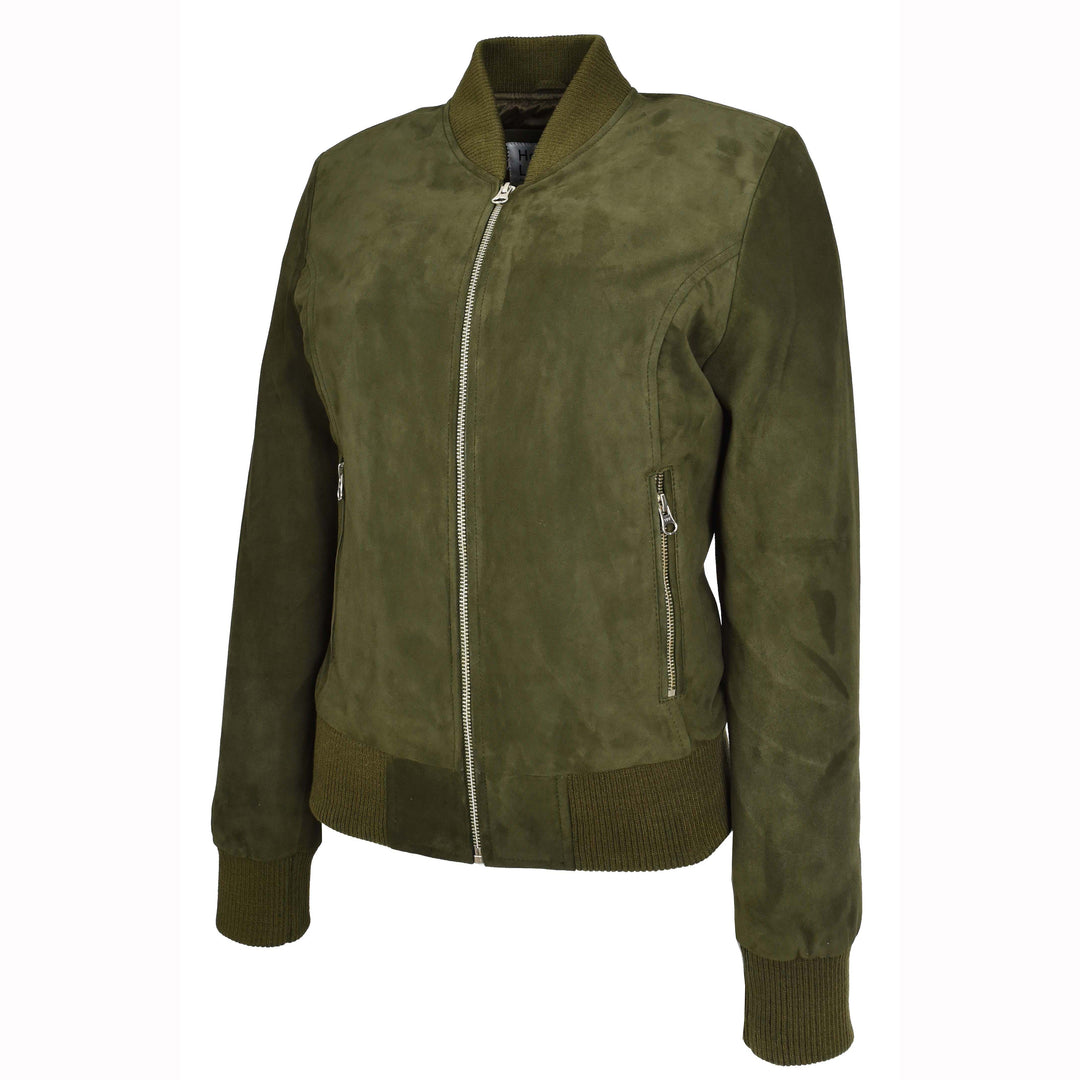 Womens Real Goat Suede Bomber MA-1 Jacket Faye Khaki Green 6