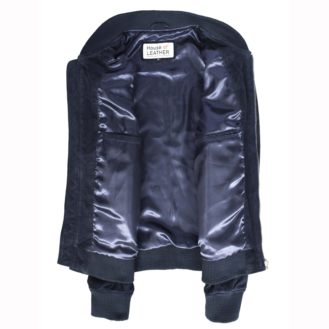 Mens Real Goat Suede Bomber Jacket MA-1 Varsity Design Ryan Navy Blue