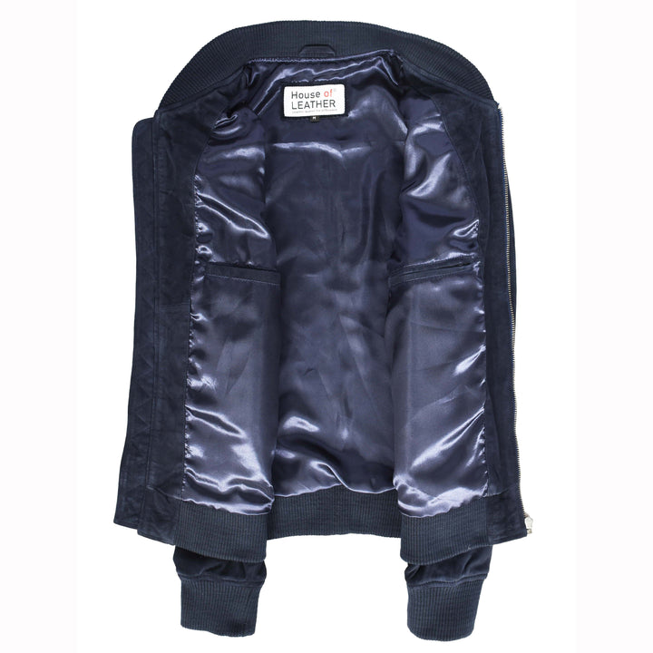 Mens Real Goat Suede Bomber Jacket MA-1 Varsity Design Ryan Navy Blue