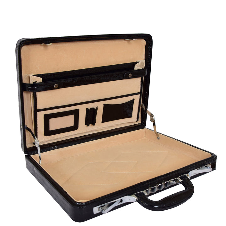 Croc-Print Black Leather Classic Attaché Briefcase Bag Slim Line Dual Lock HOL87