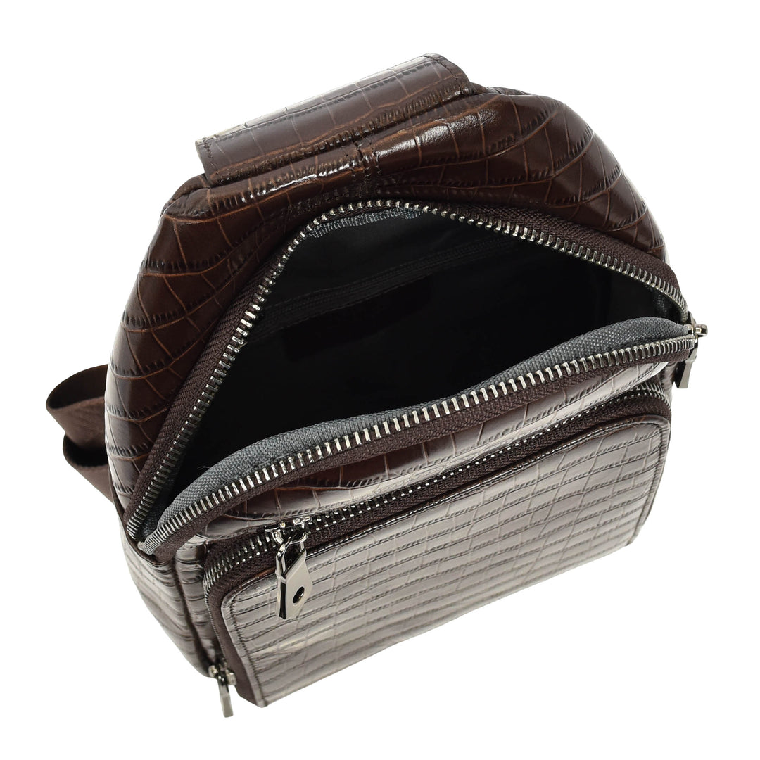Men's Leather Sling Bag Crossbody Chest Pack Croc-Embossed Alden Brown 6