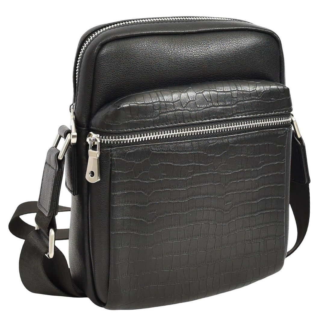 Mens Real Leather Croc-Print Crossbody Bag Casual Messenger Flight Pouch Delmon Black