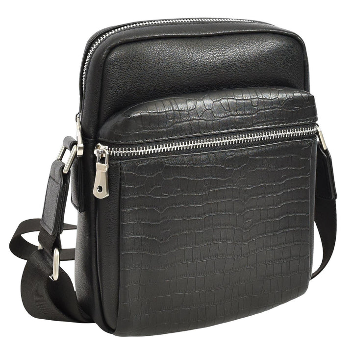 Mens Real Leather Croc-Print Crossbody Bag Casual Messenger Flight Pouch Delmon Black