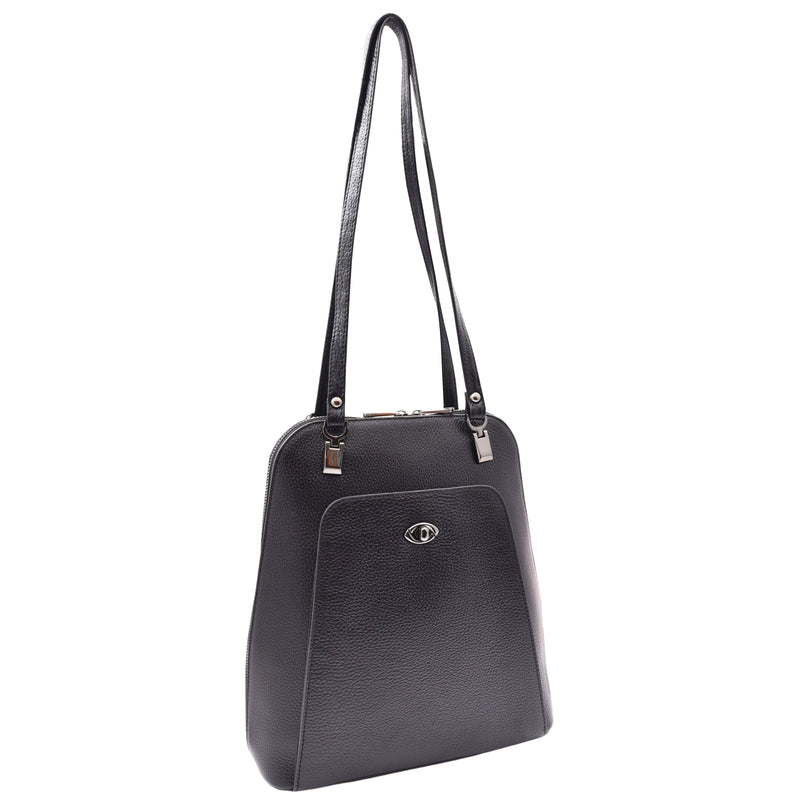 Womens Leather Backpack Mid Size Shoulder Bag Fern Black 6