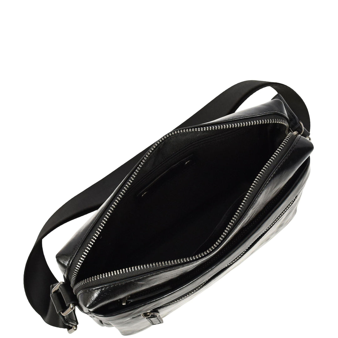 Mens Genuine Distressed Leather Crossbody Flight Bag Multiple Pockets Axel Black