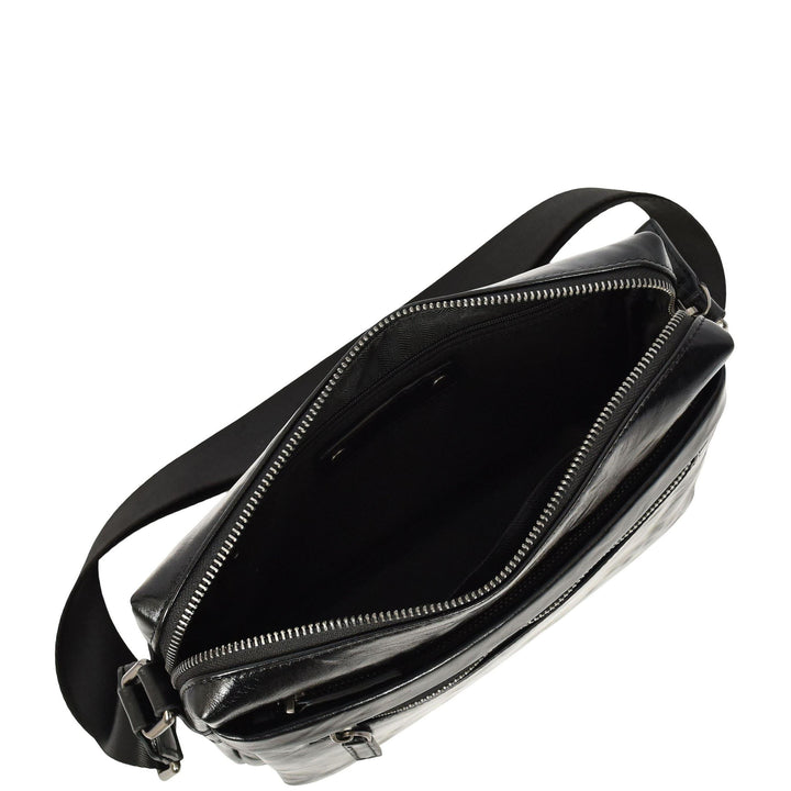 Mens Genuine Distressed Leather Crossbody Flight Bag Multiple Pockets Axel Black