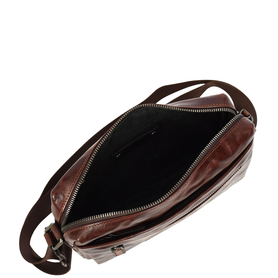 Mens Genuine Distressed Leather Crossbody Flight Bag Multiple Pockets Axel Brown