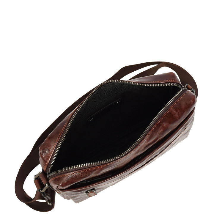 Mens Genuine Distressed Leather Crossbody Flight Bag Multiple Pockets Axel Brown