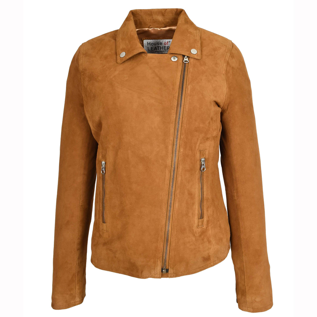 Women's Genuine Goat Suede Biker Jacket Lola Cognac 6