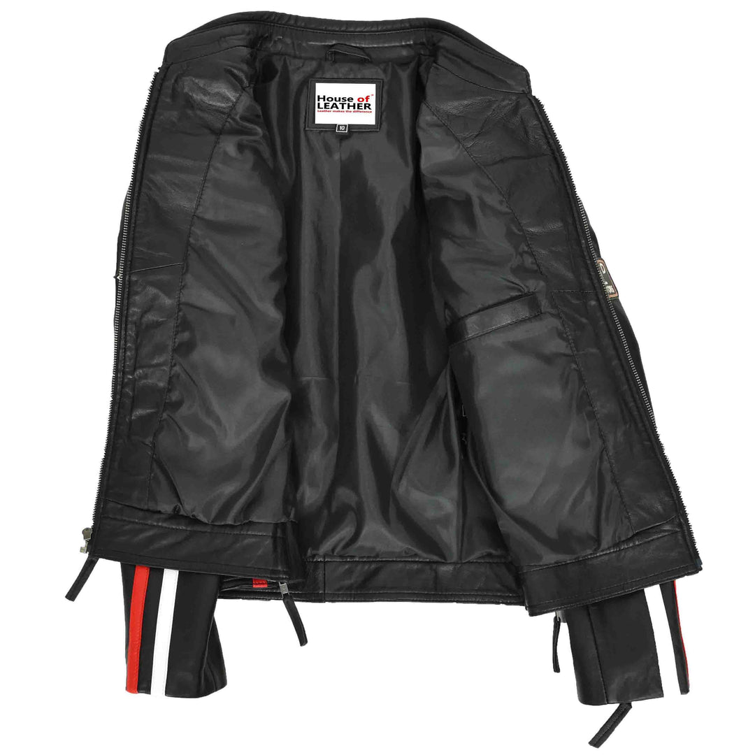 Ladies Leather Cafe Racer Biker Jacket Motorcycle Badges Rosa Black 6