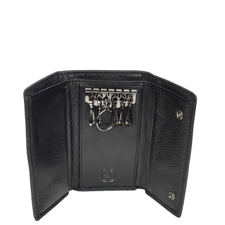 Genuine Leather Large Size Tri-Fold Wallet Key Case Pouch Cosen Black