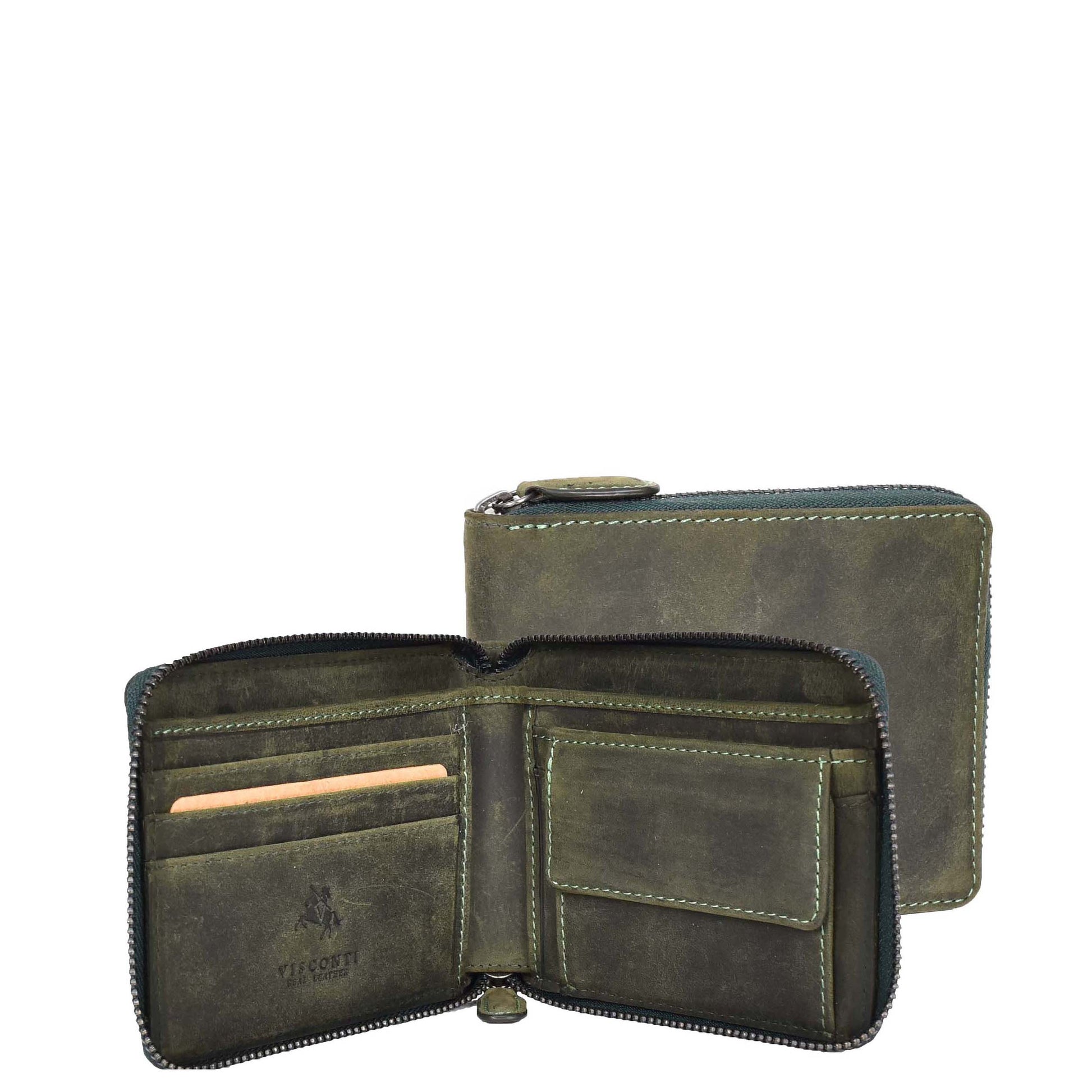 Mens Real Leather Hunter Zip Oiled Leather Wallet RFID HOL2207 Green-1