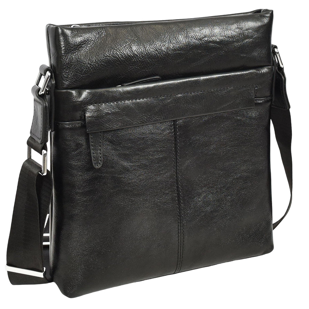 Mens Real Leather Cross body Bag Messenger Shoulder Flight Bag Classic Design Zion Black