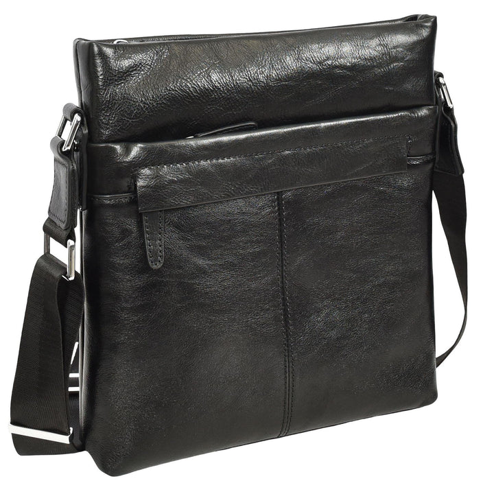 Mens Real Leather Cross body Bag Messenger Shoulder Flight Bag Classic Design Zion Black