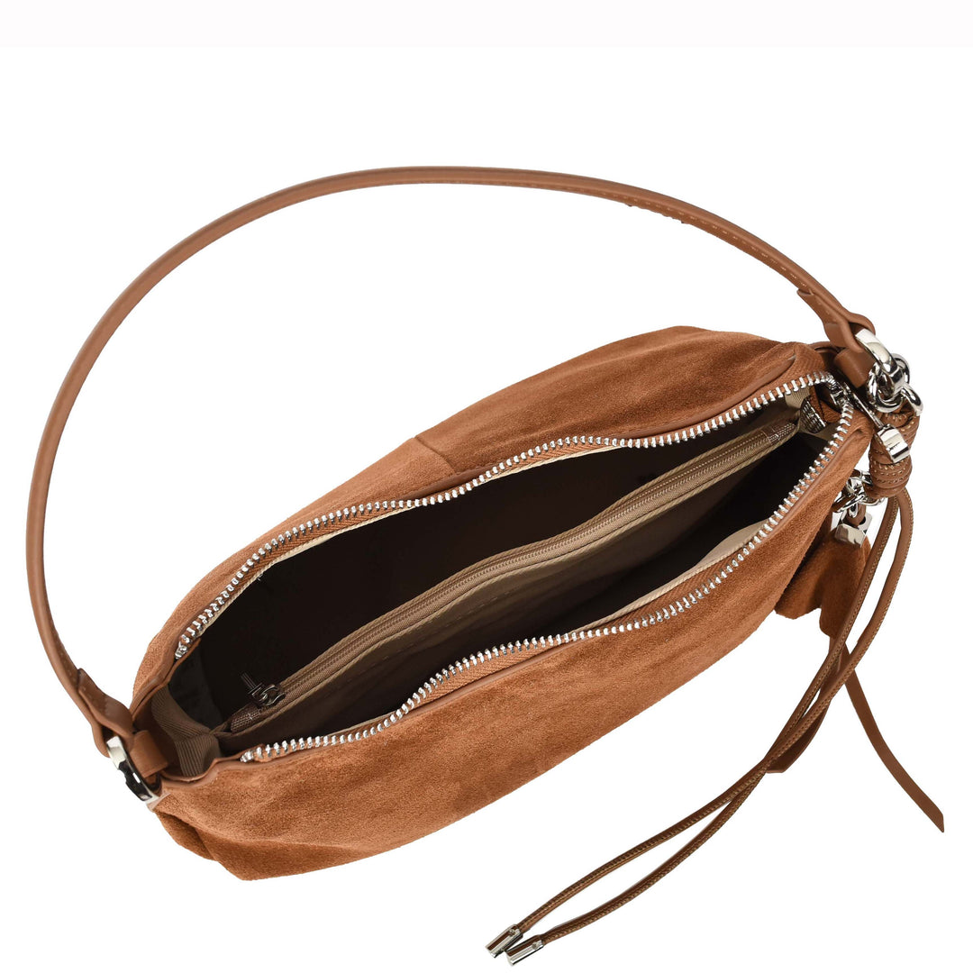 Women's Real Suede Hobo Shoulder Bag Side Tassel Solana Tan 6