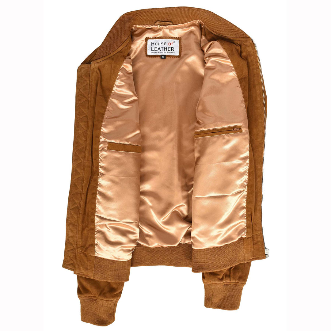 Mens Real Goat Suede Bomber Jacket MA-1 Varsity Design Ryan Cognac