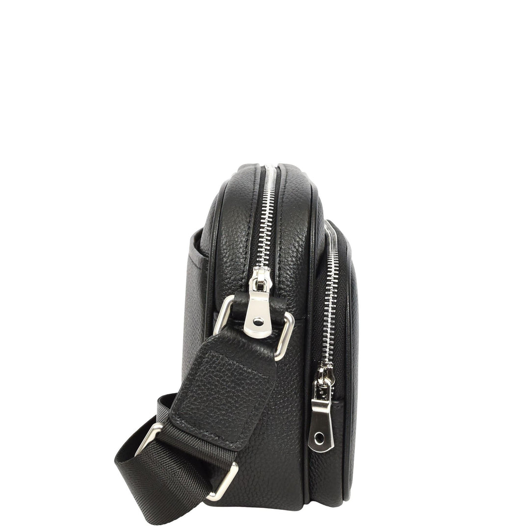 Men's Real Leather Messenger Trendy Shoulder Bag Organiser Zipped Pockets Ace Black