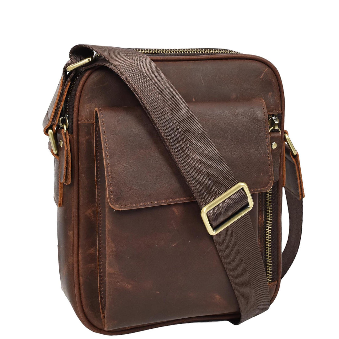Mens Real Leather Cross Body bag Medium Multi-Pocket Travel Organiser Pouch Rovigo Rust Brown