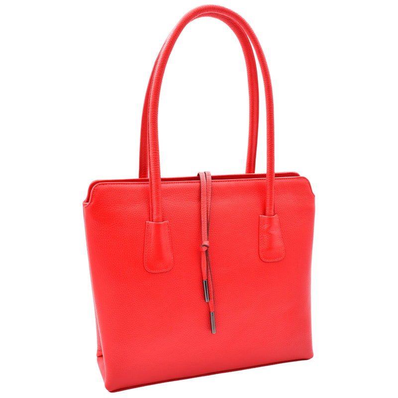 Leather Classic Tote Style Zip Opening Large Shoulder Bag CYNTHIA Red 6