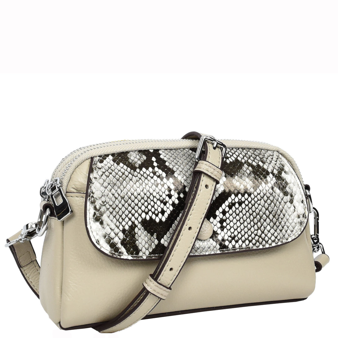 Women's Leather Crossbody Sling Bag Small Exotic Snake-Print Sahara Taupe 6