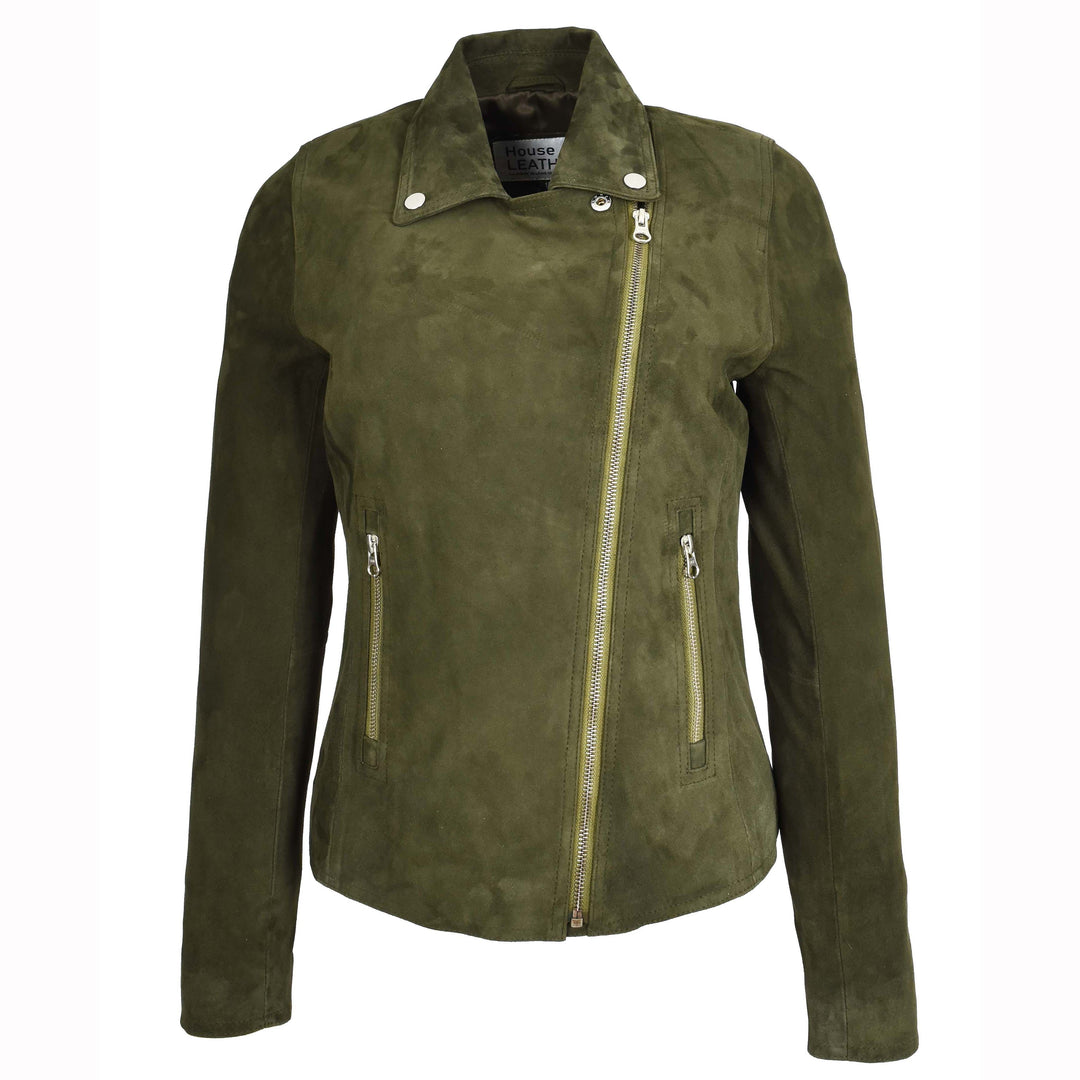 Women's Genuine Goat Suede Biker Jacket Lola Olive Green 6
