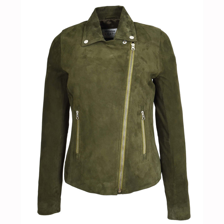 Women's Genuine Goat Suede Biker Jacket Lola Olive Green 6