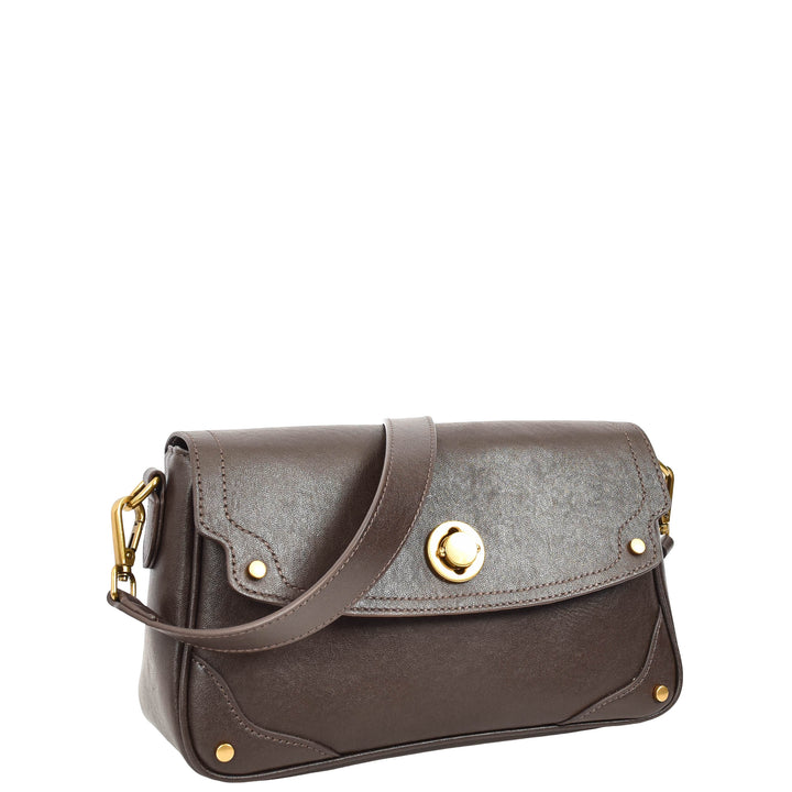 Women's Leather Crossbody Handbag Flap over Turn Lock Bag Beverly Coffee 4