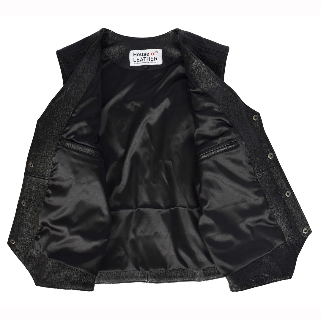 Men's Cowhide Leather Biker Waistcoat Fringe's Western Vest Warden Black 6