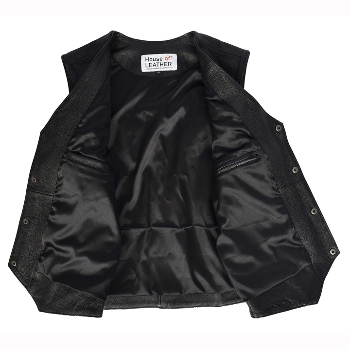 Men's Cowhide Leather Biker Waistcoat Fringe's Western Vest Warden Black 6