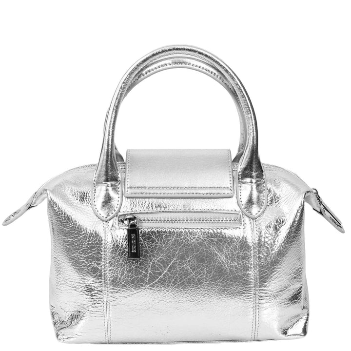 Womens Real Leather Handbag Small Top-Handle Tote Style Quinn Silver-2