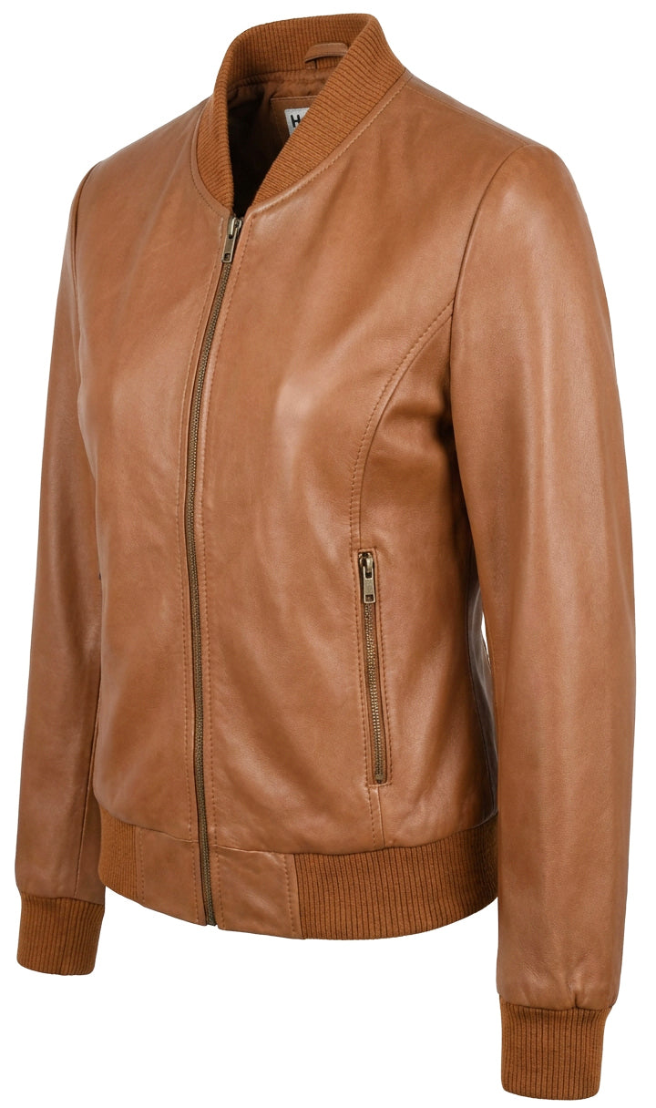 Womens Real Leather Varsity Bomber Jacket Faye Tan