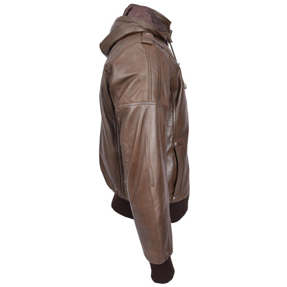 Mens Real Leather Bomber Jacket Trendy Removable Hood Style Reggie Brown-3