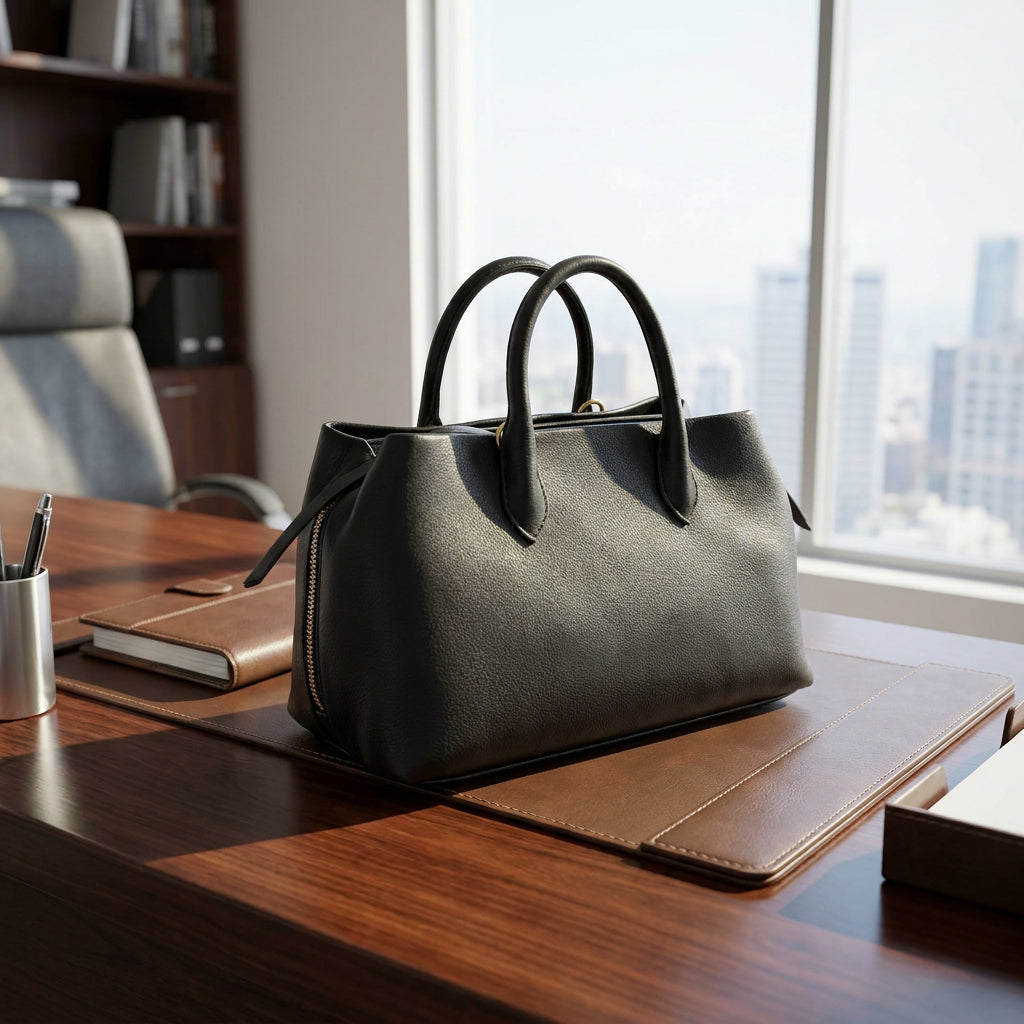 Women's Leather Structured Tote Handbag Detachable Strap Ingrid Black 10