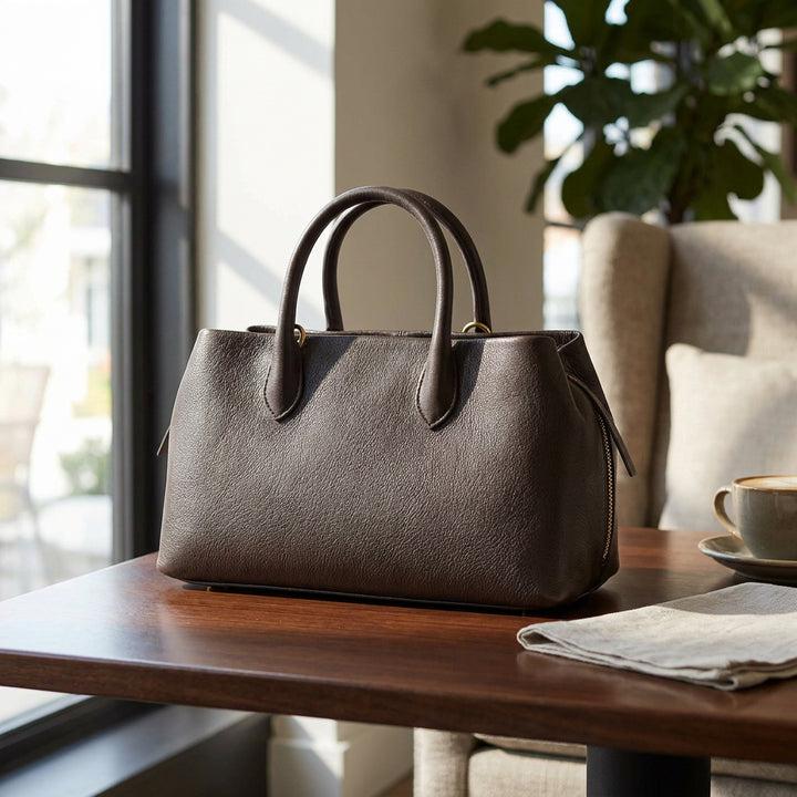 Women's Leather Structured Tote Handbag Detachable Strap Ingrid Brown 10
