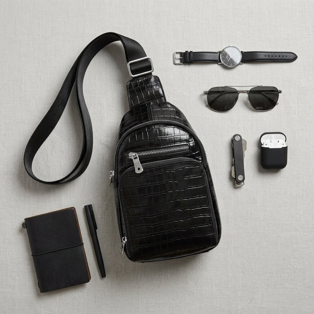 Men's Leather Sling Bag Crossbody Chest Pack Croc-Embossed Alden Black 7