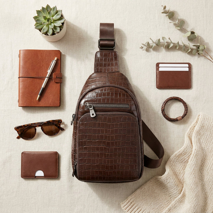 Men's Leather Sling Bag Crossbody Chest Pack Croc-Embossed Alden Brown 8