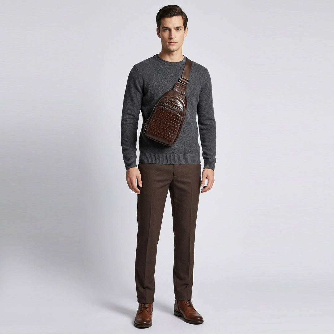 Men's Leather Sling Bag Crossbody Chest Pack Croc-Embossed Alden Brown 7