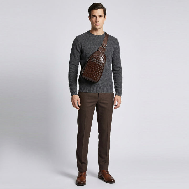 Men's Leather Sling Bag Crossbody Chest Pack Croc-Embossed Alden Brown 7