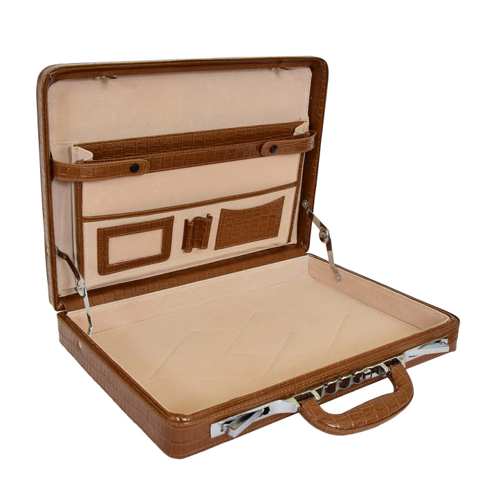 Croc-Print Brown Leather Classic Attaché Briefcase Bag Slim Line Dual Lock HOL87