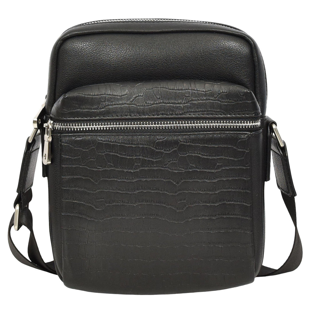 Mens Real Leather Croc-Print Crossbody Bag Casual Messenger Flight Pouch Delmon Black