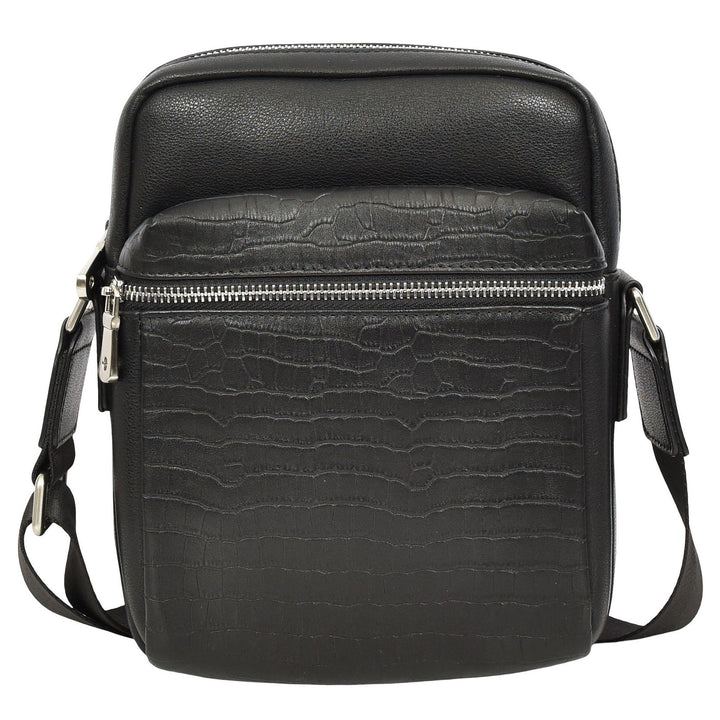 Mens Real Leather Croc-Print Crossbody Bag Casual Messenger Flight Pouch Delmon Black