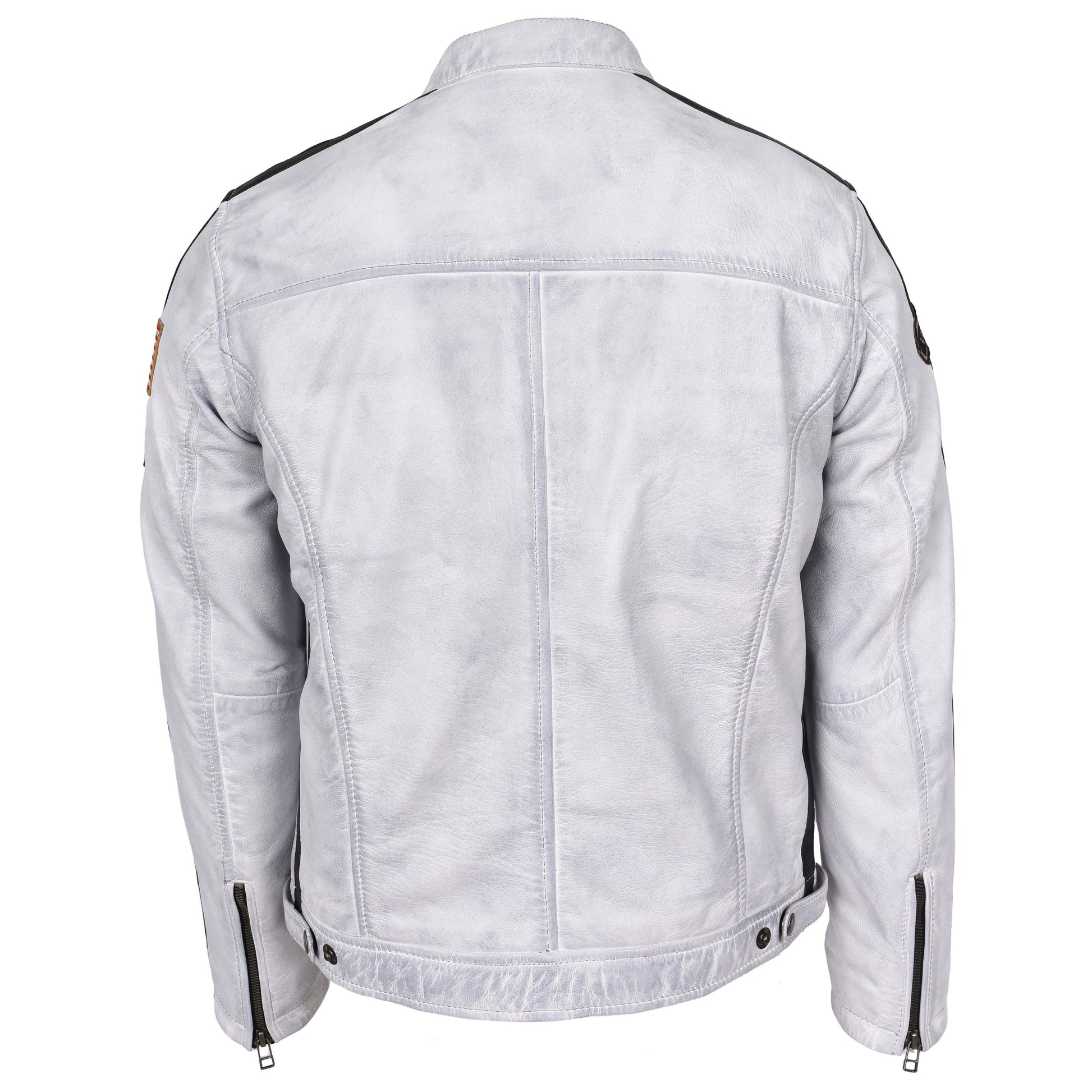 Mens Leather Biker Jacket Motorsport Logos Bobby Vintage White 1