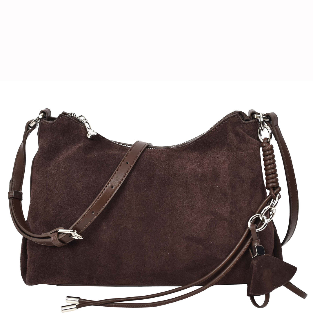 Women's Real Suede Hobo Shoulder Bag Side Tassel Solana Brown 7