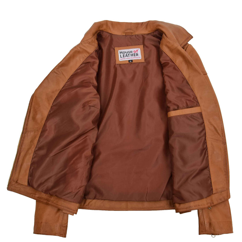 Womens Real Leather Biker Jacket Cross Zip Pockets Cherry Tan 7