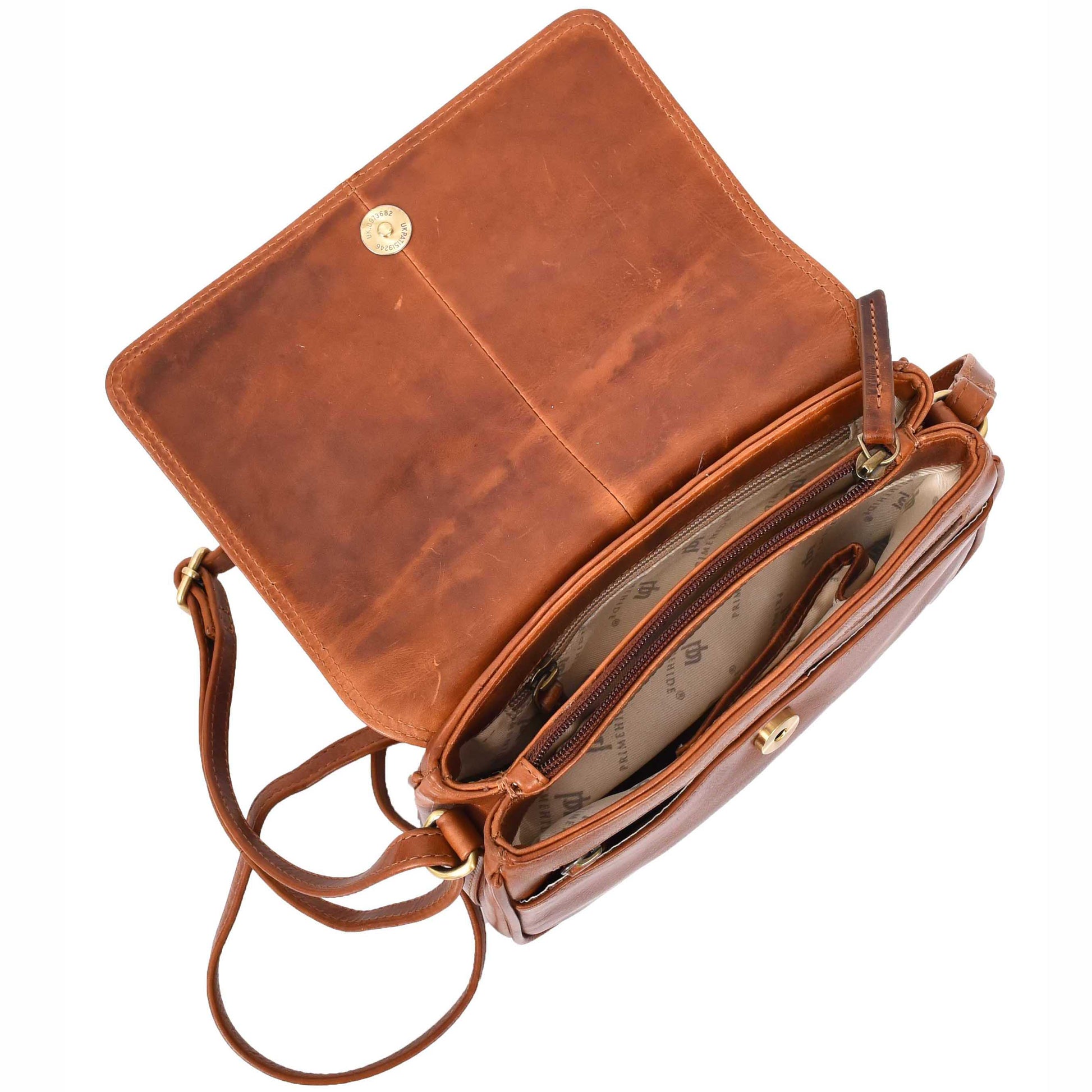 Womens Cross Body Real Leather Messenger Bag Flap HOL7002 Cognac 8