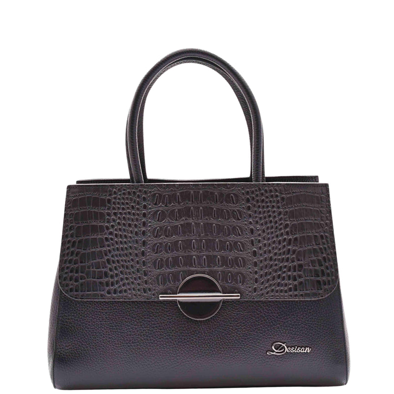 Womens Real Leather Croc Print Handbag Long Strap CAROL Black 7