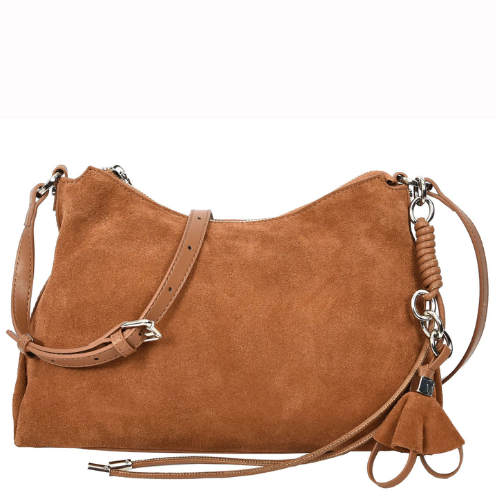 Women's Real Suede Hobo Shoulder Bag Side Tassel Solana Tan 