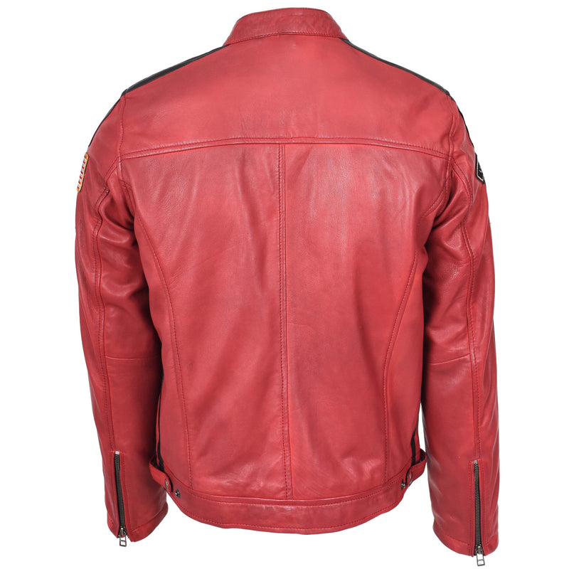 Mens Leather Biker Jacket Motorsport Logos Bobby Red 1